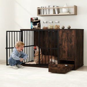 47.5 inch Dog Crate Furniture with Hidden Pull-out Bowls in Drawer for Small and Medium Dogs-Rustic Brown view 9