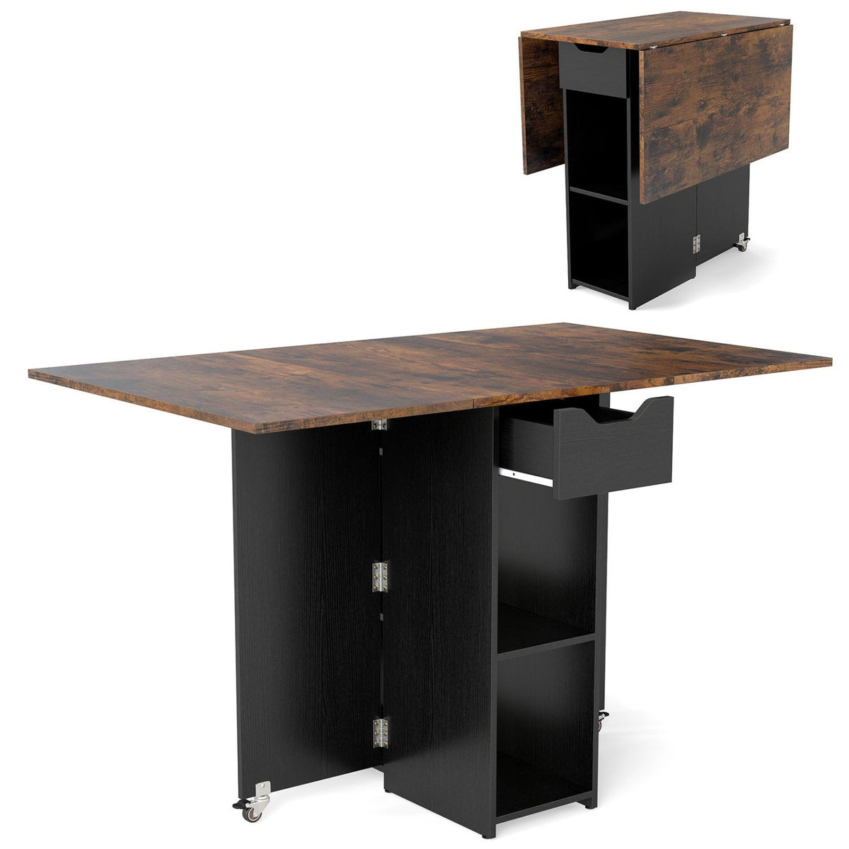 47.5 Inch Farmhouse Extendable Wooden Dinner Table with Lockable Wheels-Rustic Brown