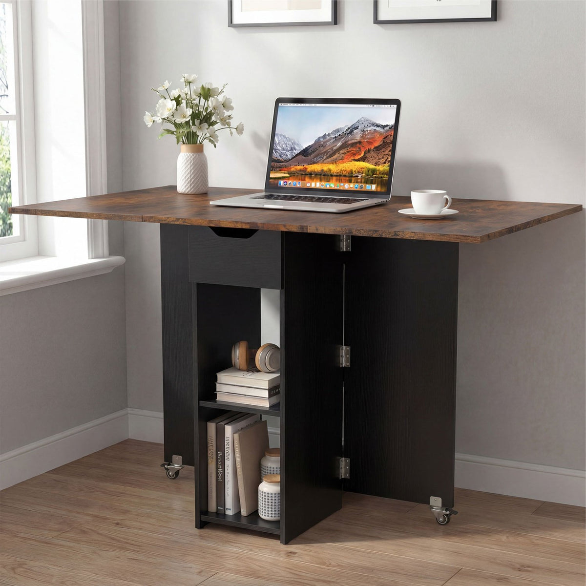 47.5 Inch Farmhouse Extendable Wooden Dinner Table with Lockable Wheels-Rustic Brown view 3