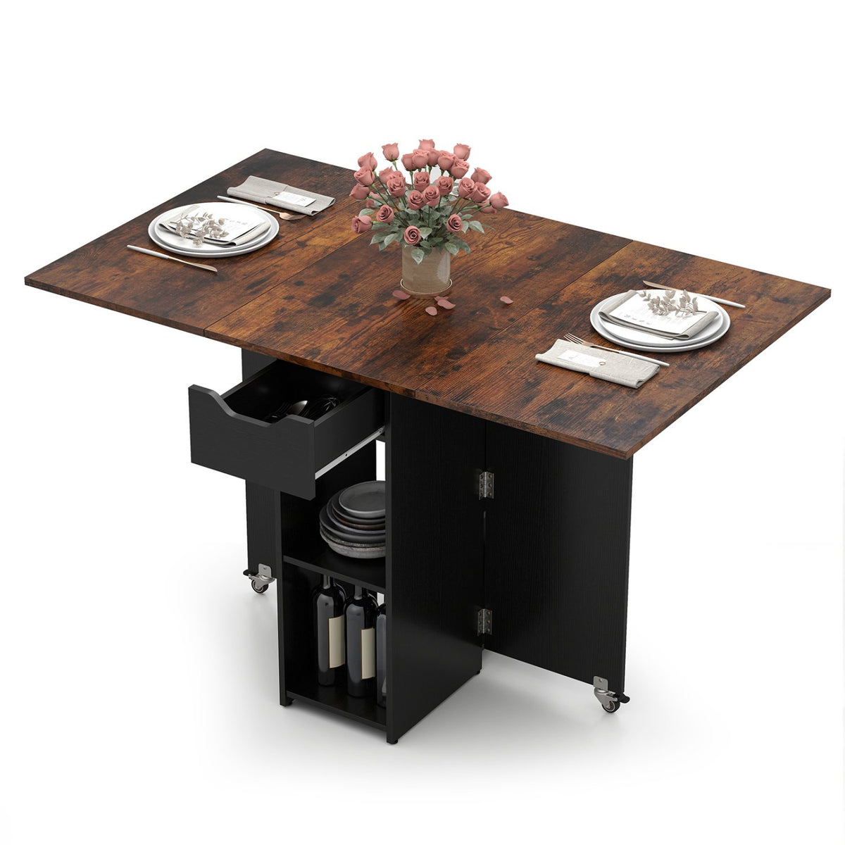 47.5 Inch Farmhouse Extendable Wooden Dinner Table with Lockable Wheels-Rustic Brown view 4