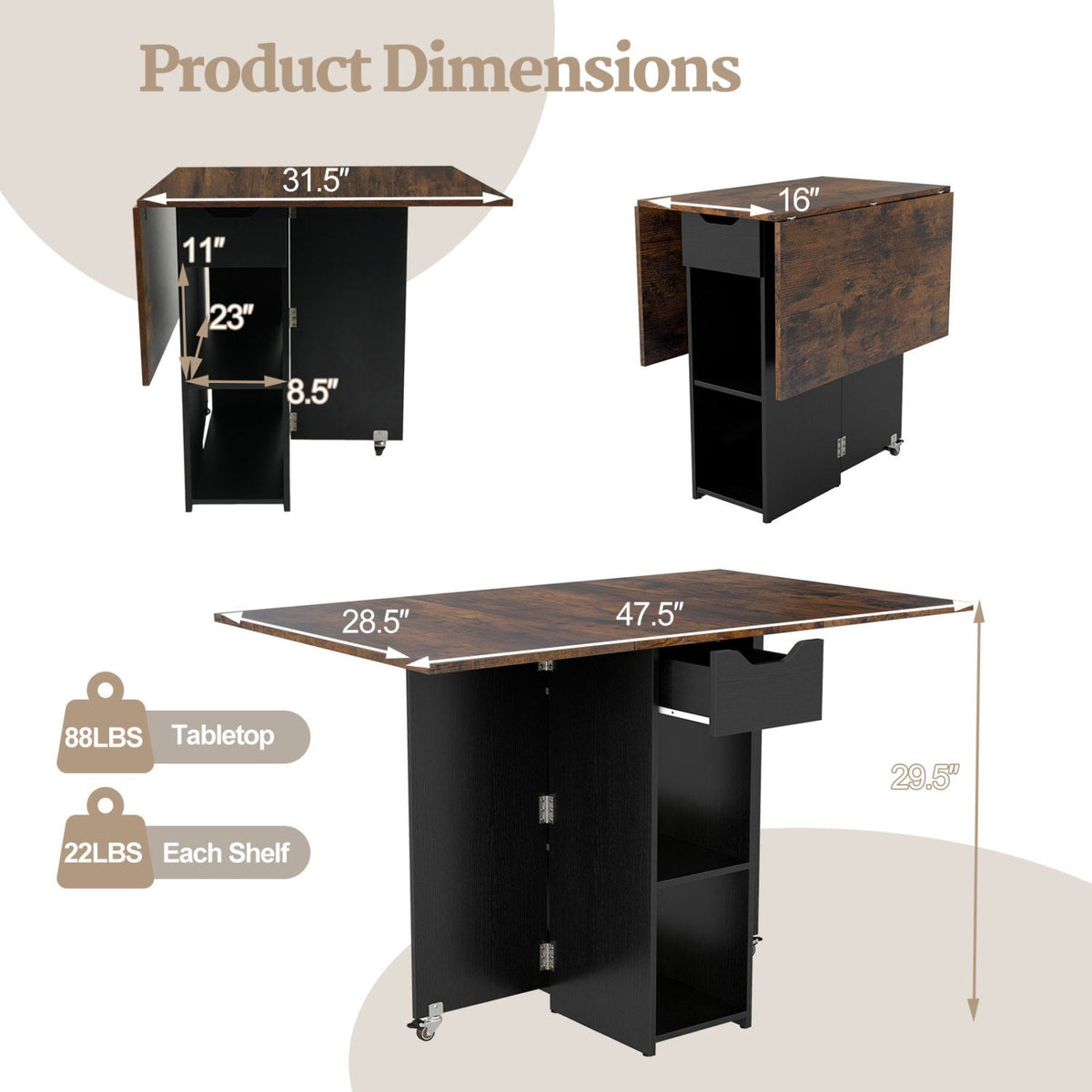 47.5 Inch Farmhouse Extendable Wooden Dinner Table with Lockable Wheels-Rustic Brown view 5
