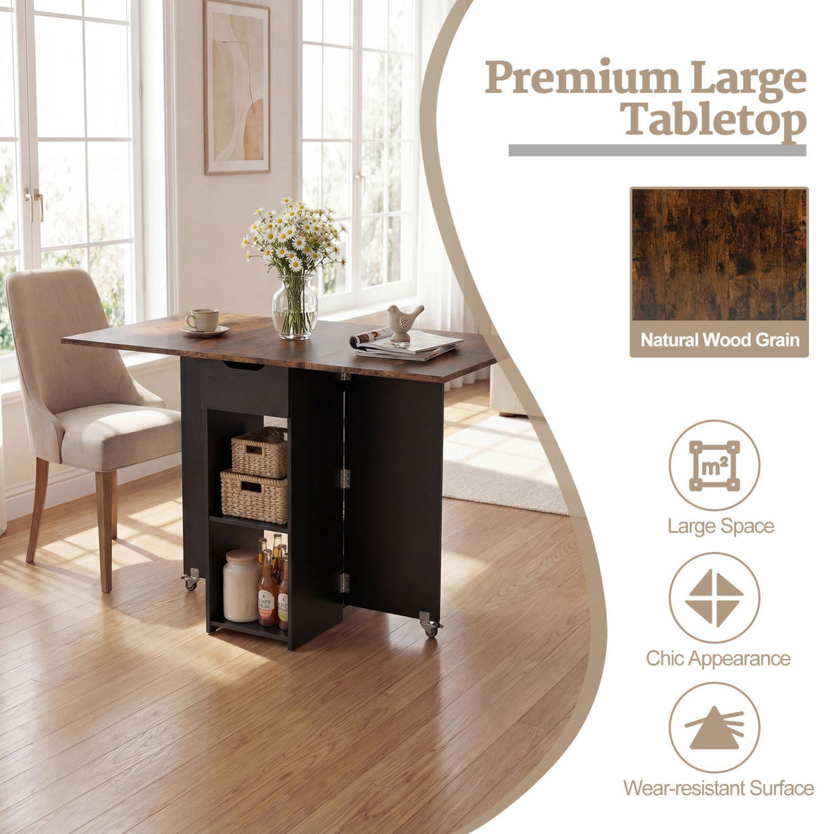 47.5 Inch Farmhouse Extendable Wooden Dinner Table with Lockable Wheels-Rustic Brown view 7