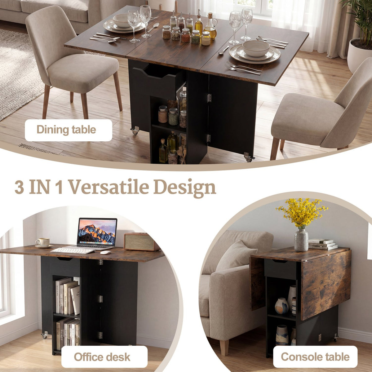 47.5 Inch Farmhouse Extendable Wooden Dinner Table with Lockable Wheels-Rustic Brown view 9