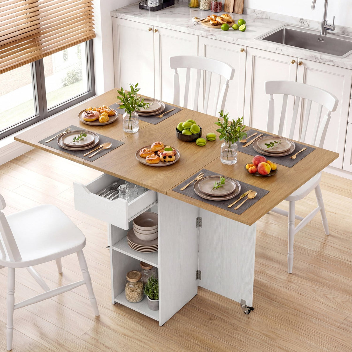 47.5 Inch Farmhouse Extendable Wooden Dinner Table with Lockable Wheels-White view 2