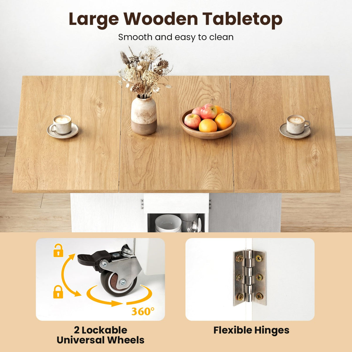 47.5 Inch Farmhouse Extendable Wooden Dinner Table with Lockable Wheels-White view 9
