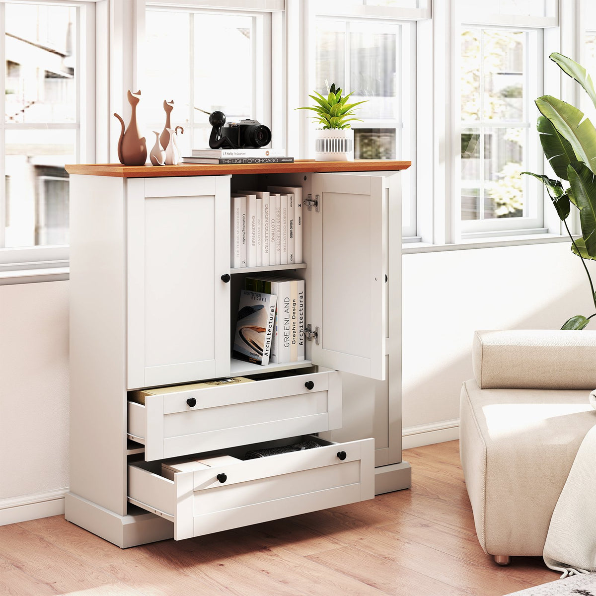 47.5 Inch Kitchen Freestanding Storage Cabinet with 3 Doors and 2 Large Drawers-White view 3