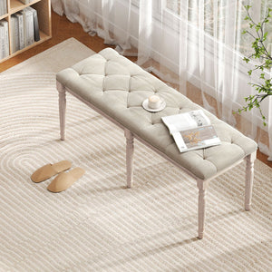 47.5 Inch Upholstered Bench with Carved Rubber Wood Legs and Padded Seat-Beige view 2