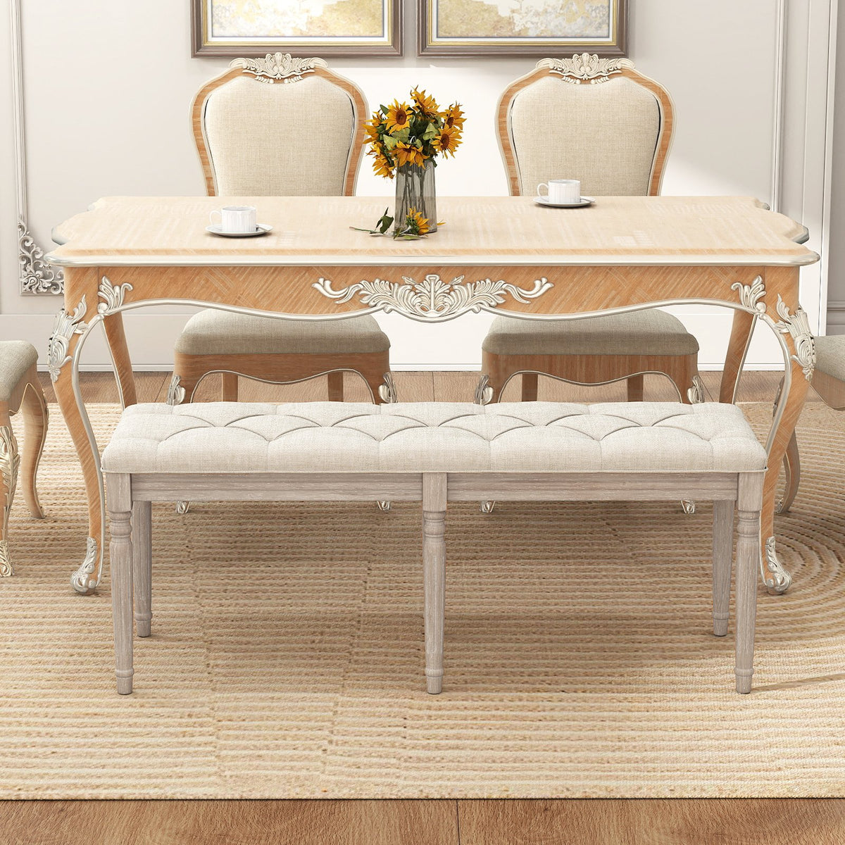 47.5 Inch Upholstered Bench with Carved Rubber Wood Legs and Padded Seat-Beige view 6
