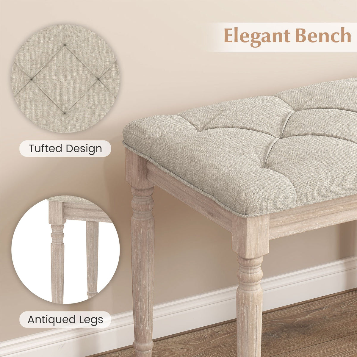 47.5 Inch Upholstered Bench with Carved Rubber Wood Legs and Padded Seat-Beige view 8
