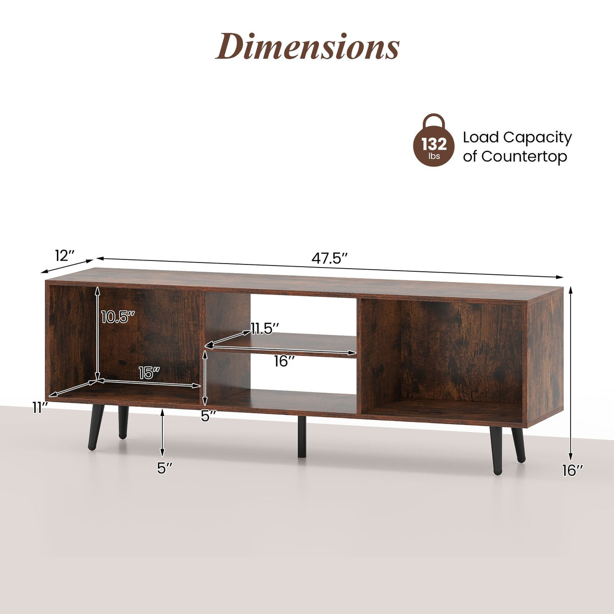 47.5 Inches TV Stand for 55-Inch TV with Compartments and Metal Legs-Rustic Brown view 5