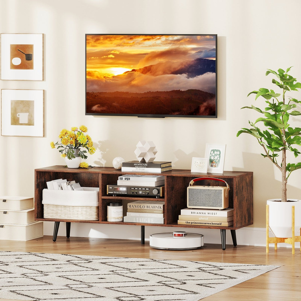 47.5 Inches TV Stand for 55-Inch TV with Compartments and Metal Legs-Rustic Brown view 6
