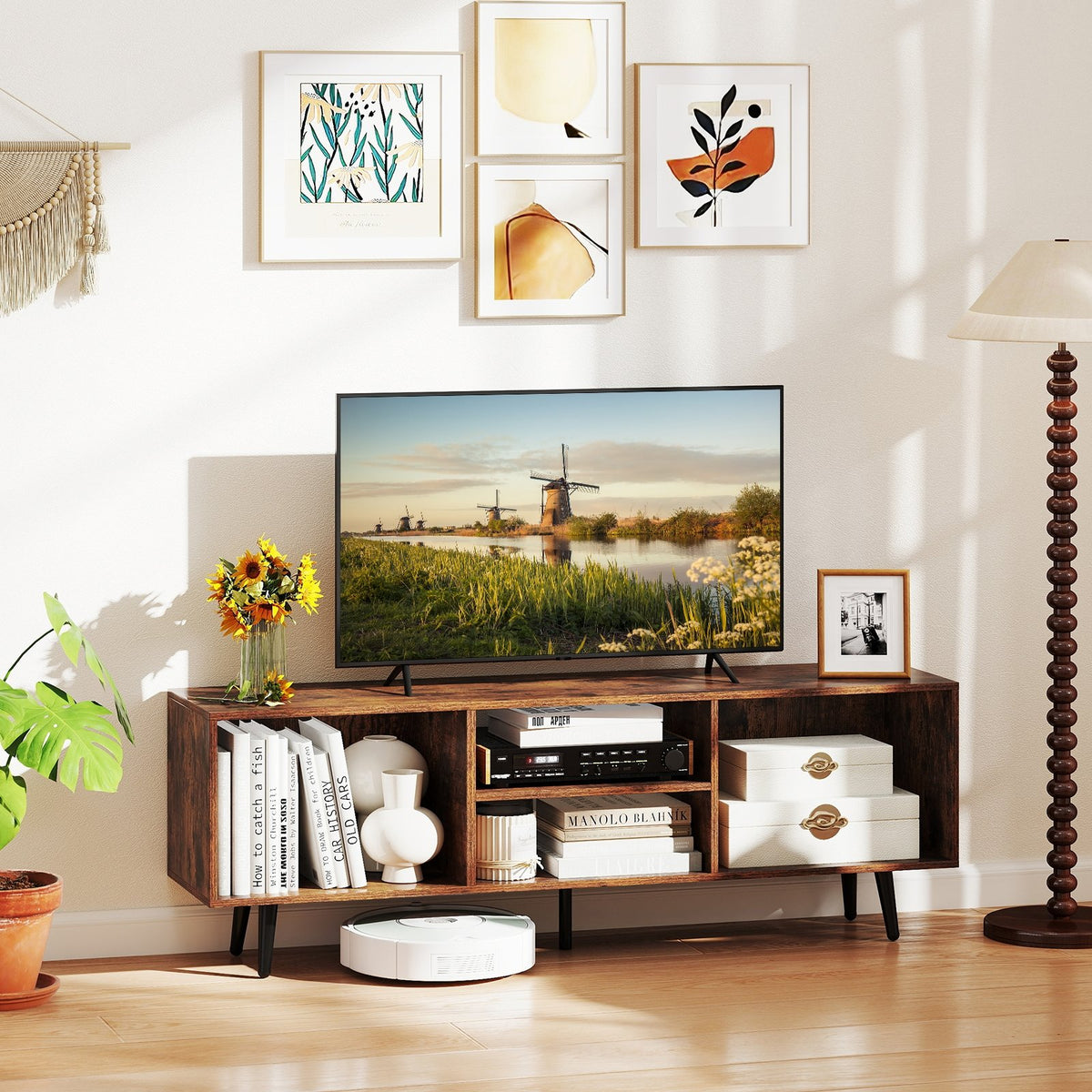 47.5 Inches TV Stand for 55-Inch TV with Compartments and Metal Legs-Rustic Brown view 7