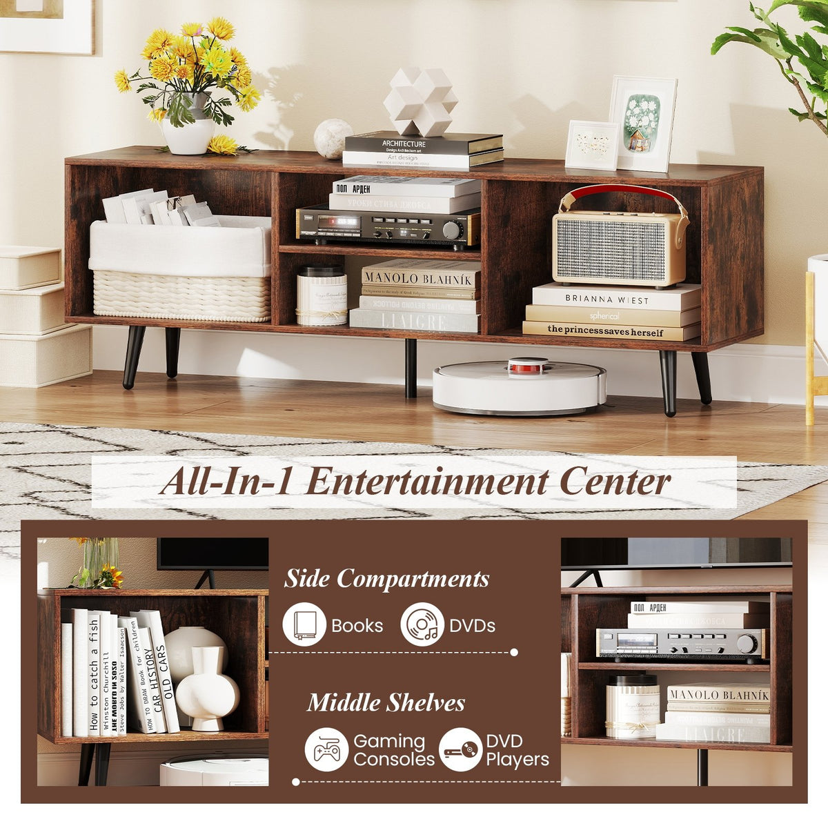 47.5 Inches TV Stand for 55-Inch TV with Compartments and Metal Legs-Rustic Brown view 8