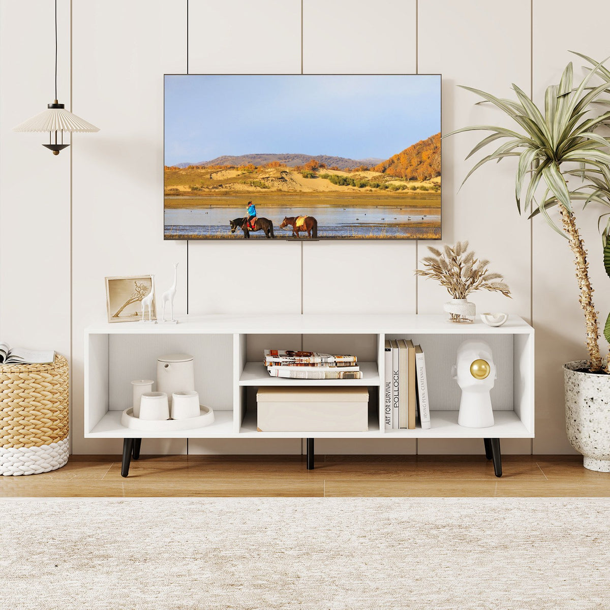 47.5 Inches TV Stand for 55-Inch TV with Compartments and Metal Legs-White view 2