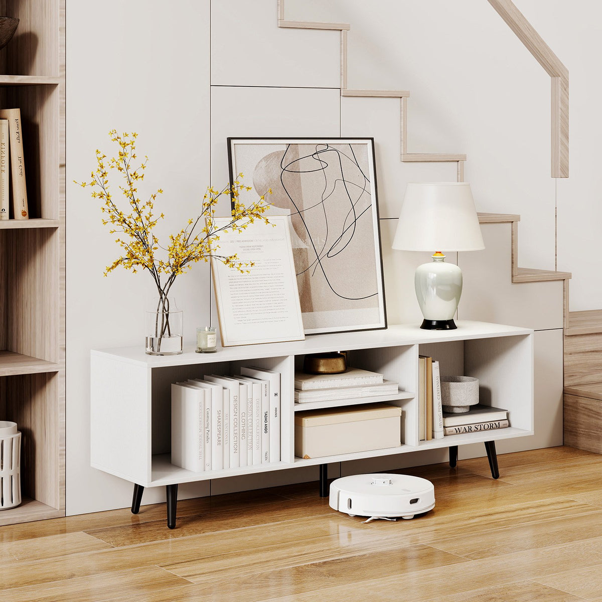 47.5 Inches TV Stand for 55-Inch TV with Compartments and Metal Legs-White view 3