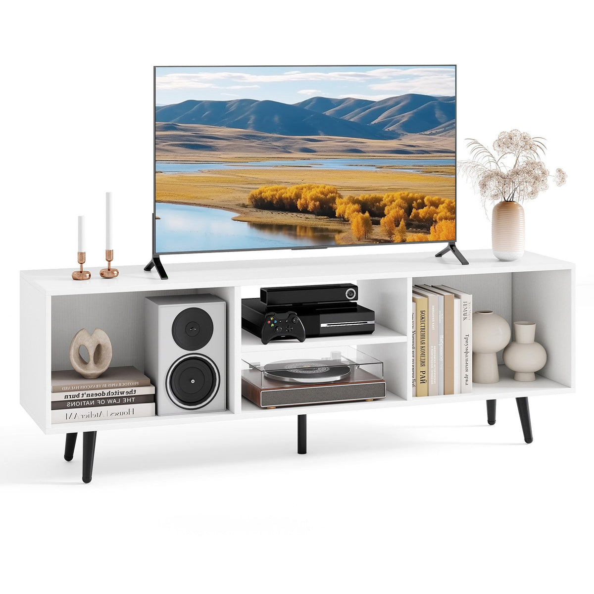 47.5 Inches TV Stand for 55-Inch TV with Compartments and Metal Legs-White view 4