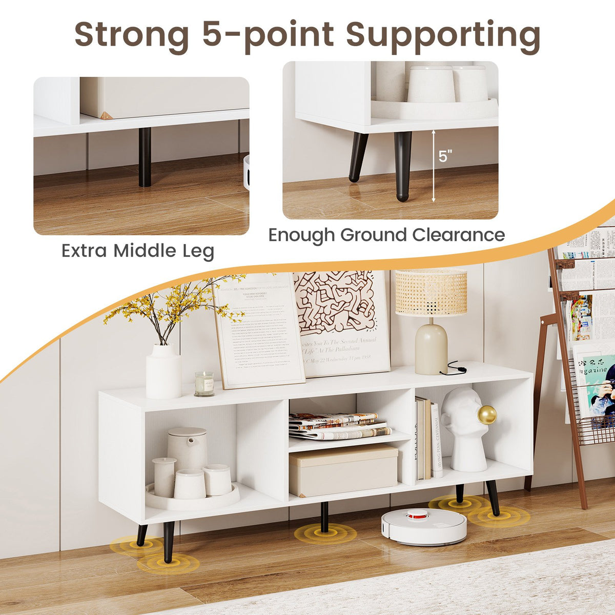 47.5 Inches TV Stand for 55-Inch TV with Compartments and Metal Legs-White view 8