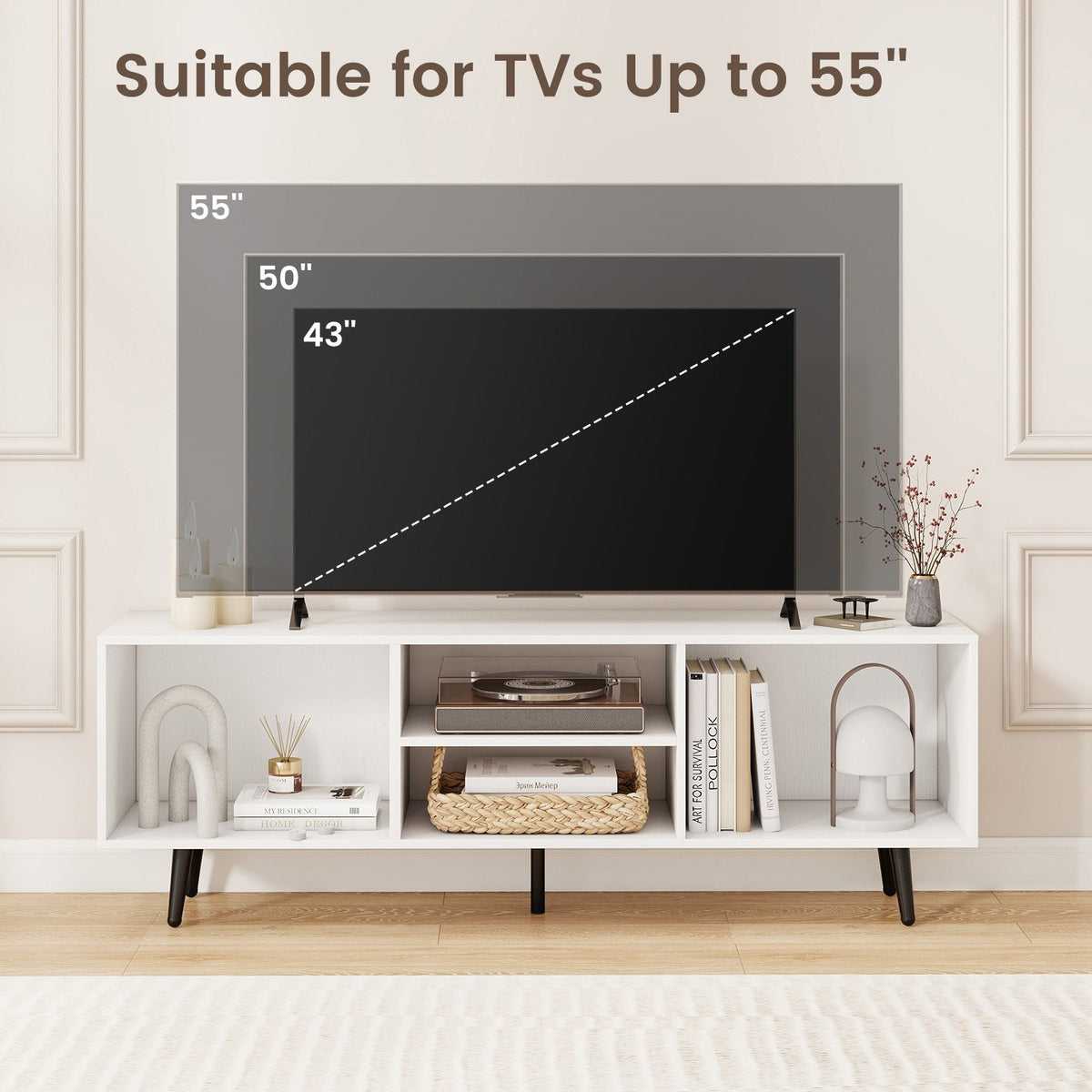 47.5 Inches TV Stand for 55-Inch TV with Compartments and Metal Legs-White view 9