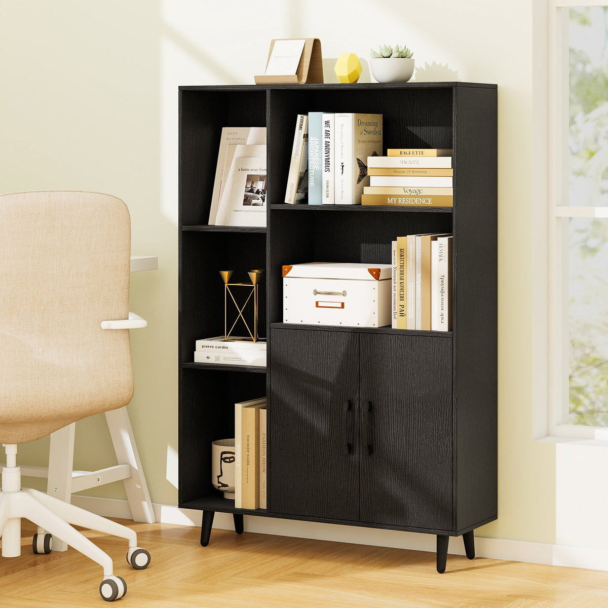 4 Inch Floor Bookshelf with 5 Open Compartments and Storage Cabinet-Black view 2