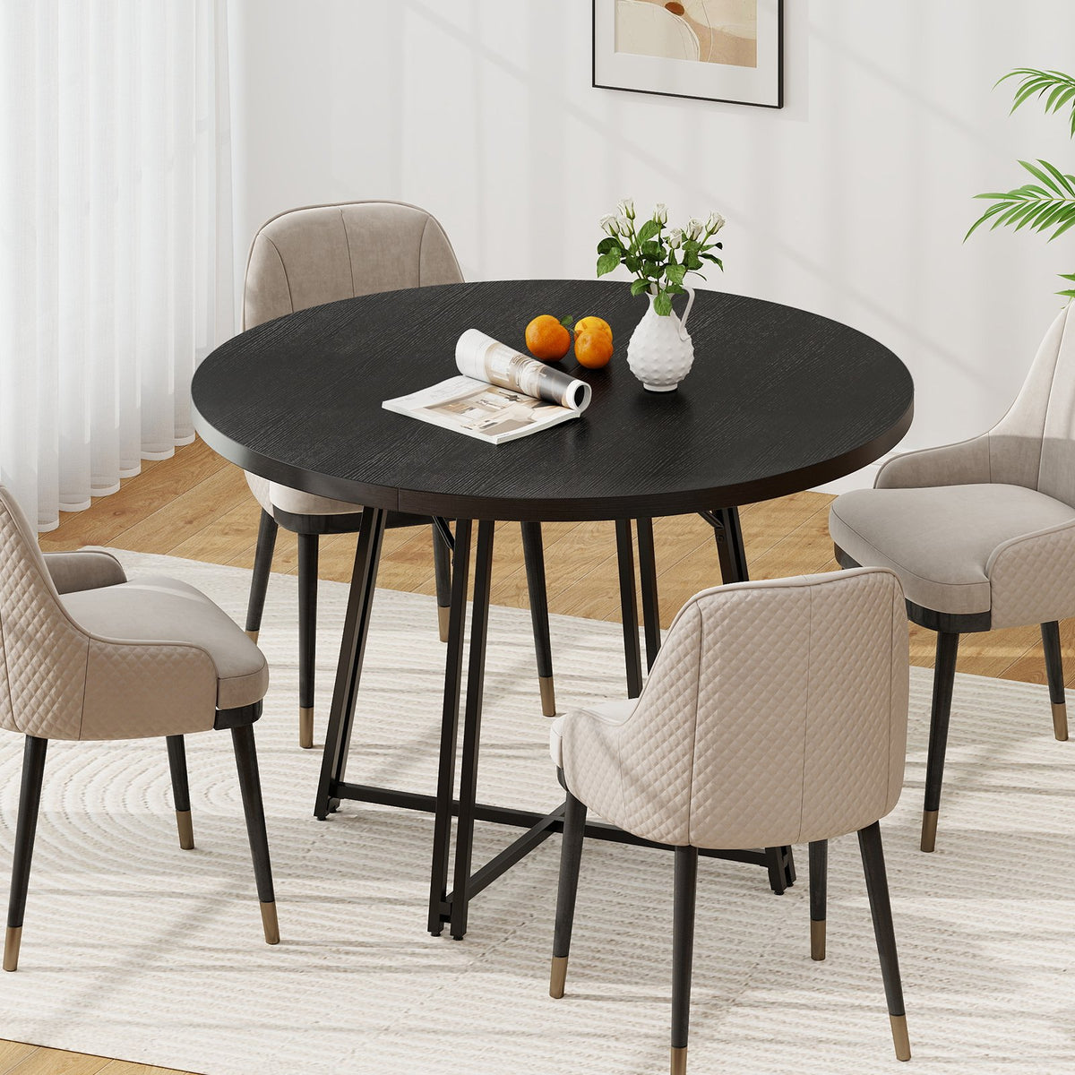 47 Inch Dining Table for 4-6 People Round Kitchen Table with Cross Base-Black view 3