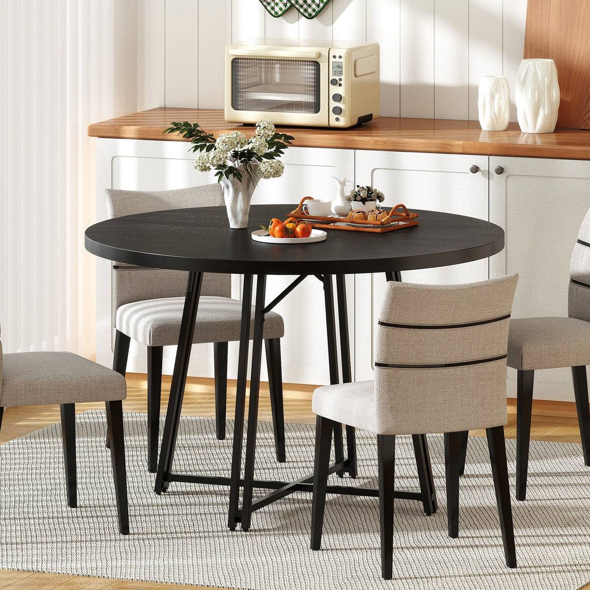 47 Inch Dining Table for 4-6 People Round Kitchen Table with Cross Base-Black view 6
