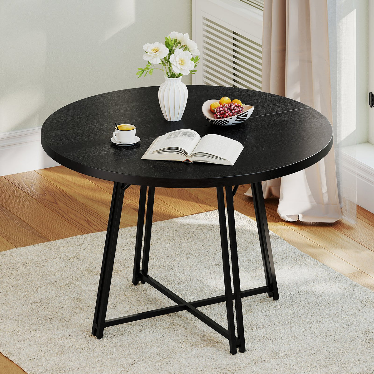 47 Inch Dining Table for 4-6 People Round Kitchen Table with Cross Base-Black view 7