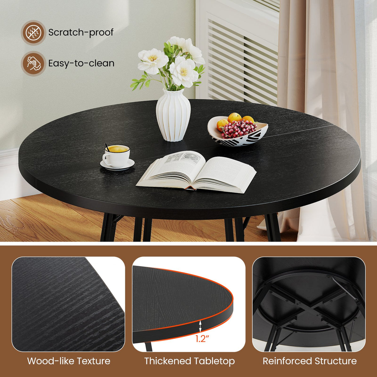 47 Inch Dining Table for 4-6 People Round Kitchen Table with Cross Base-Black view 8