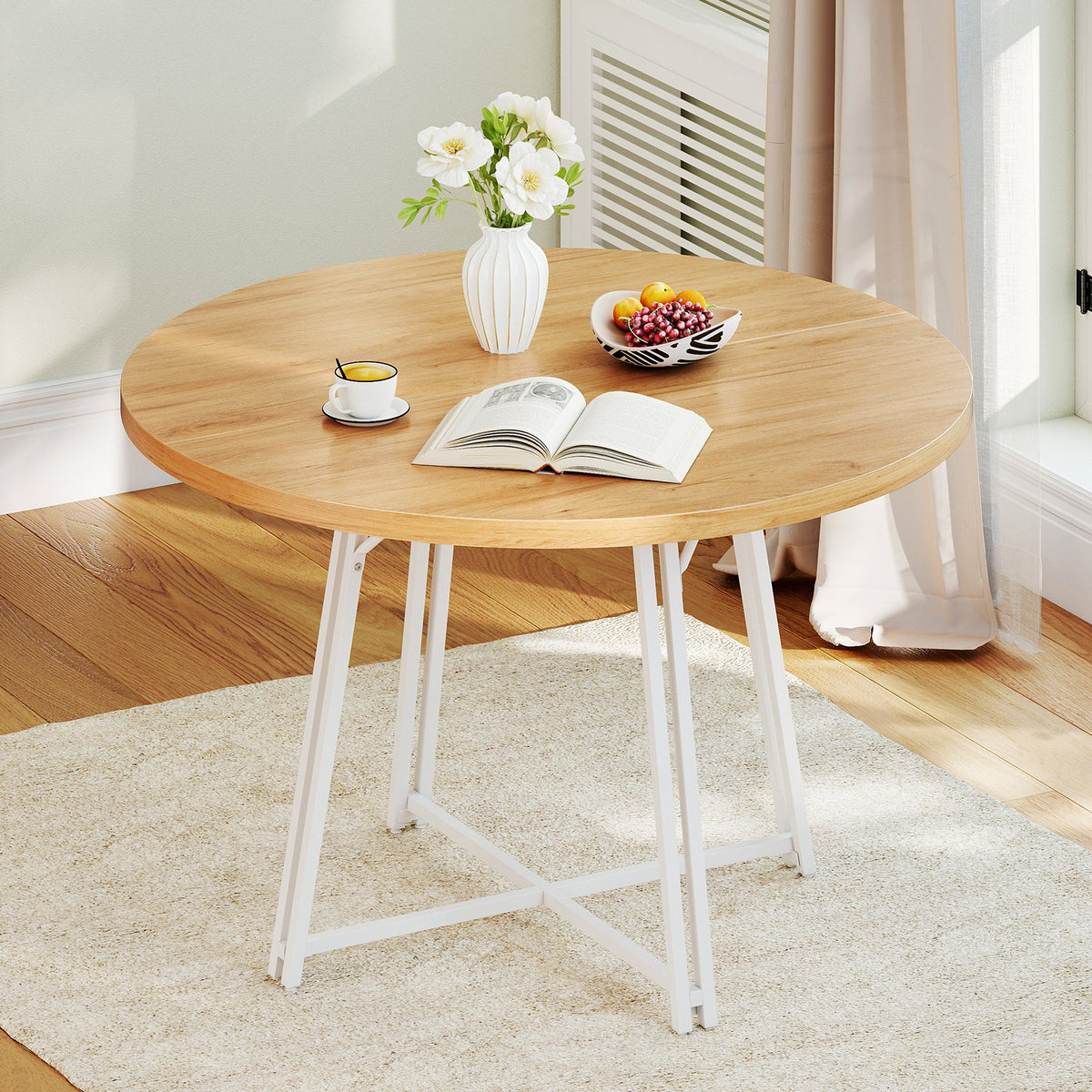 47 Inch Dining Table for 4-6 People Round Kitchen Table with Cross Base-Natural view 2