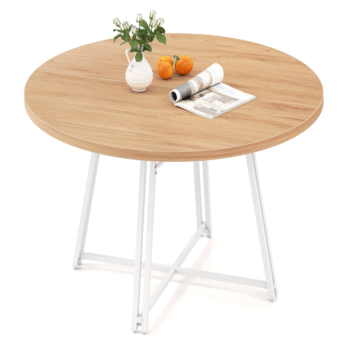 47 Inch Dining Table for 4-6 People Round Kitchen Table with Cross Base-Natural view 3