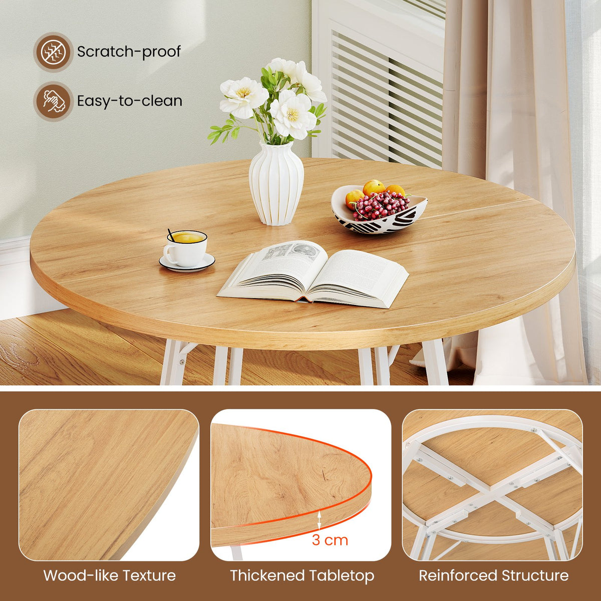 47 Inch Dining Table for 4-6 People Round Kitchen Table with Cross Base-Natural view 6