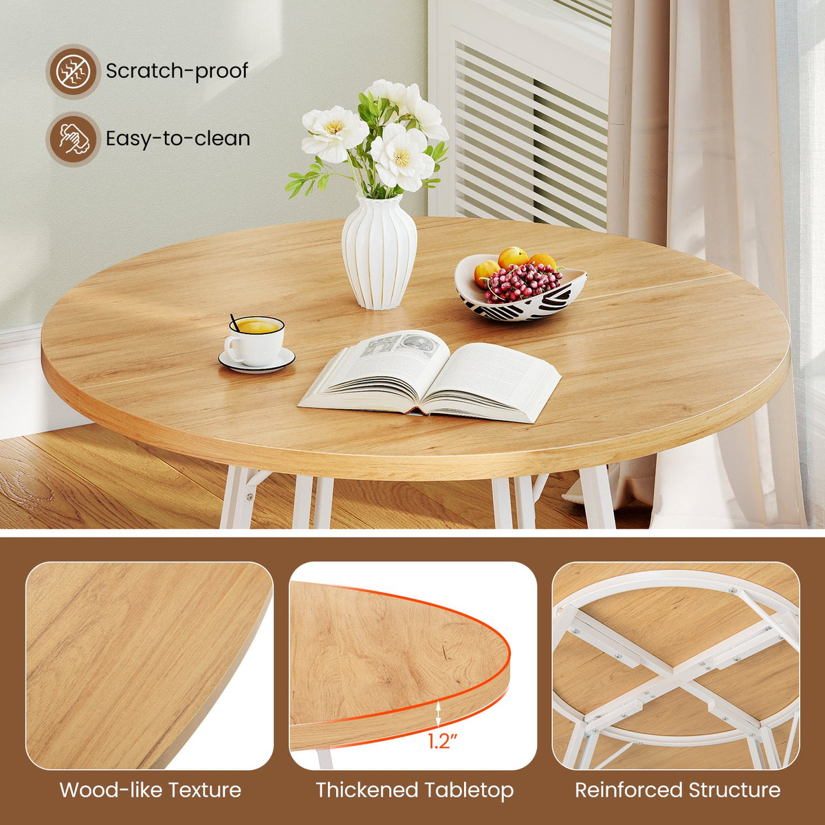 47 Inch Dining Table for 4-6 People Round Kitchen Table with Cross Base-Natural view 7