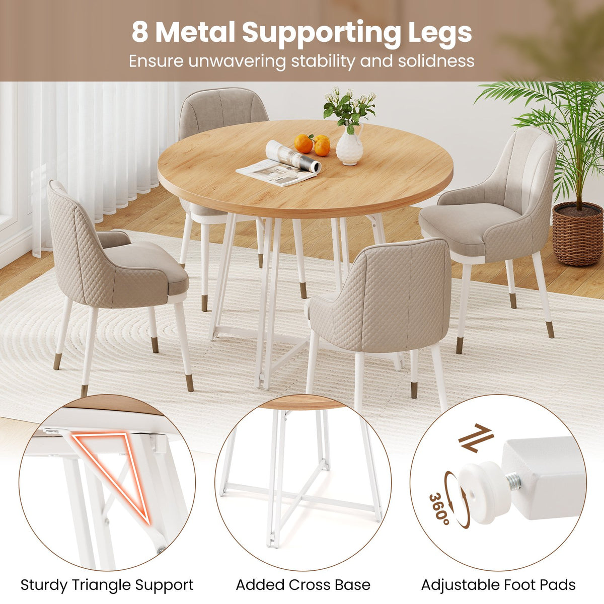 47 Inch Dining Table for 4-6 People Round Kitchen Table with Cross Base-Natural view 9