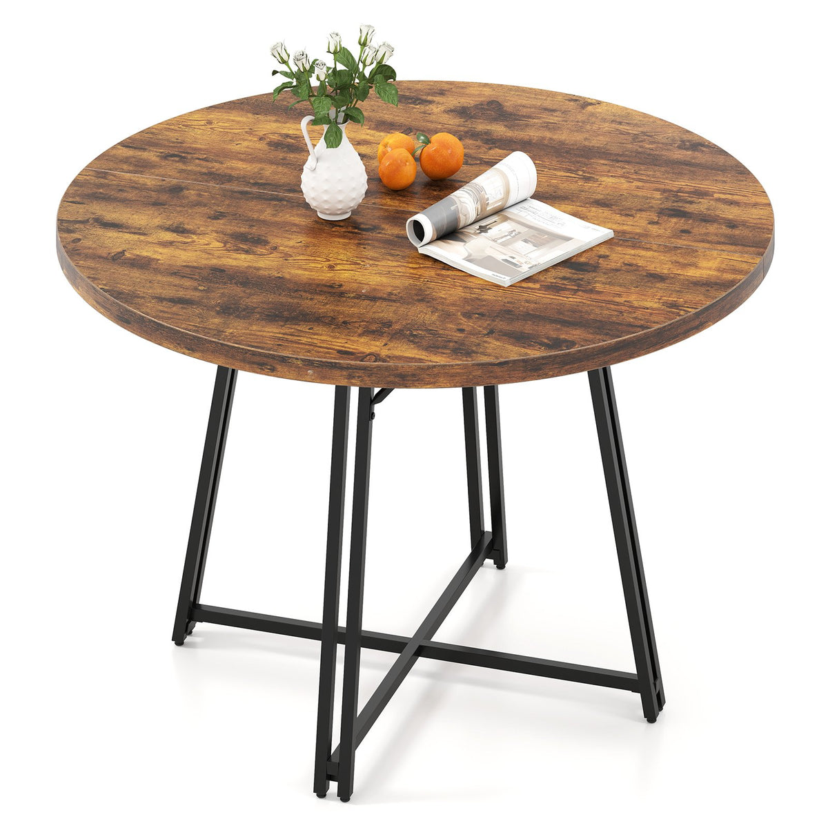 47 Inch Dining Table for 4-6 People Round Kitchen Table with Cross Base-Rustic Brown view 3