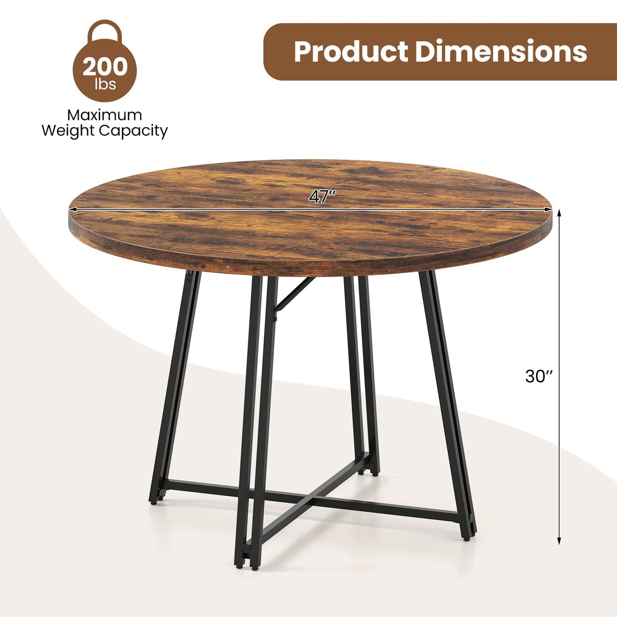 47 Inch Dining Table for 4-6 People Round Kitchen Table with Cross Base-Rustic Brown view 4