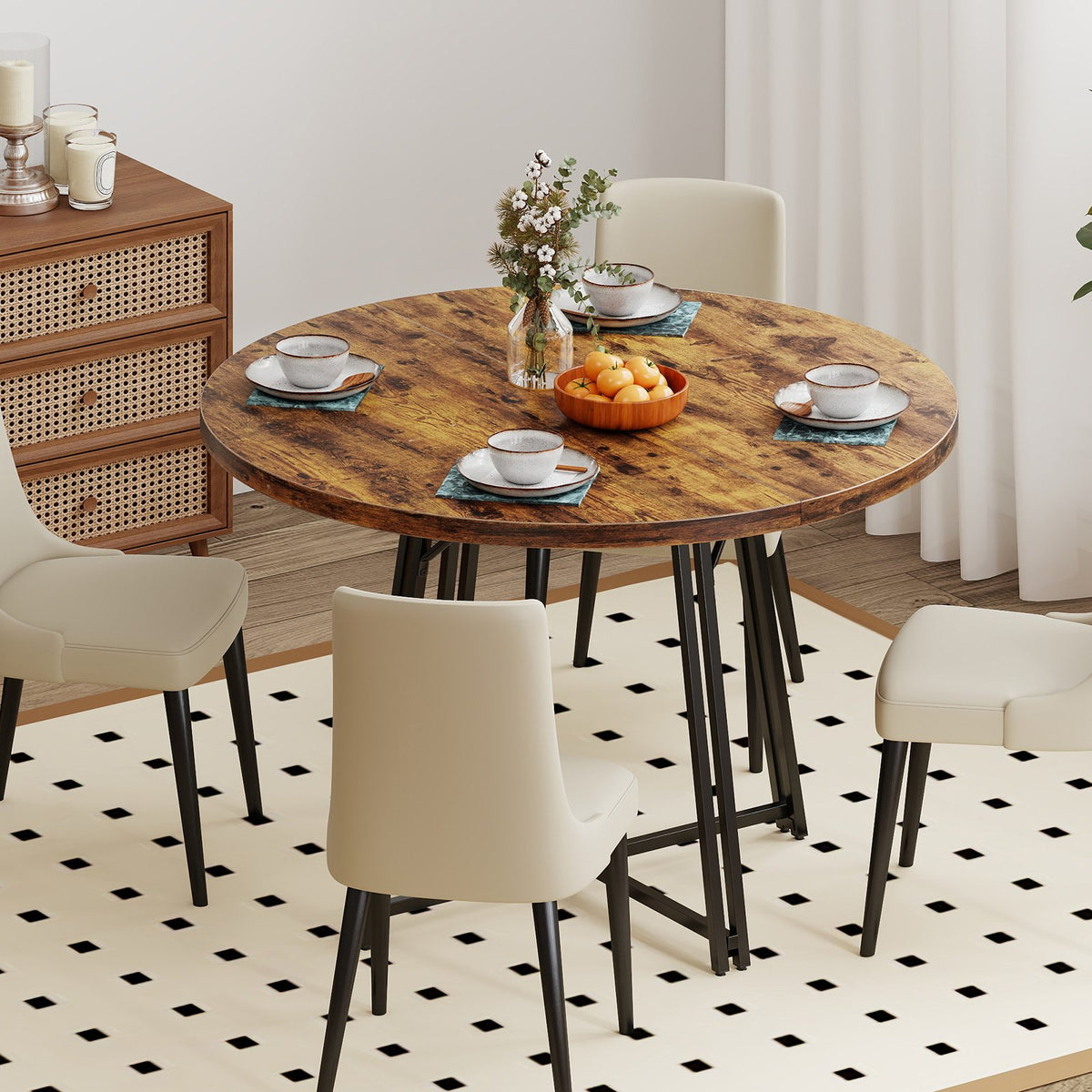 47 Inch Dining Table for 4-6 People Round Kitchen Table with Cross Base-Rustic Brown view 5