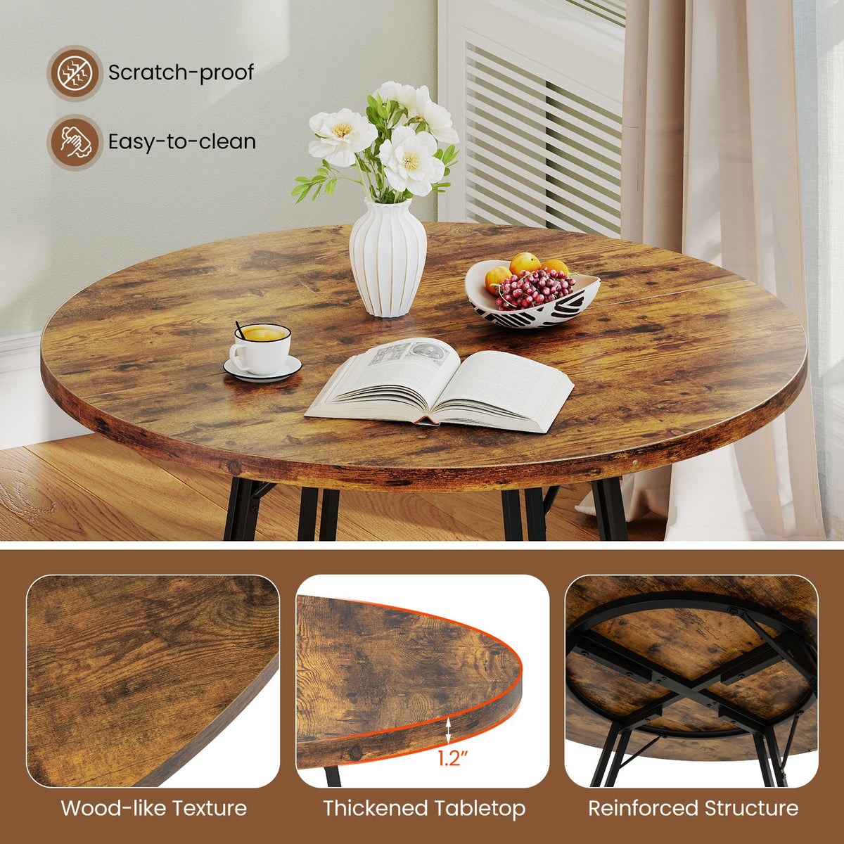 47 Inch Dining Table for 4-6 People Round Kitchen Table with Cross Base-Rustic Brown view 7