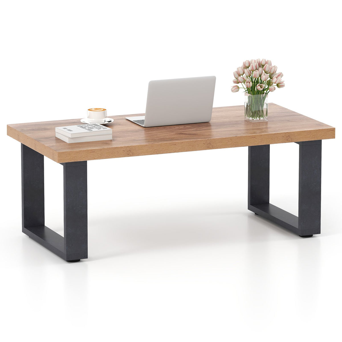 47 inch Farmhouse Style Rustic Coffee Table with Thickened Tabletop and Natural Wood Texture-Oak