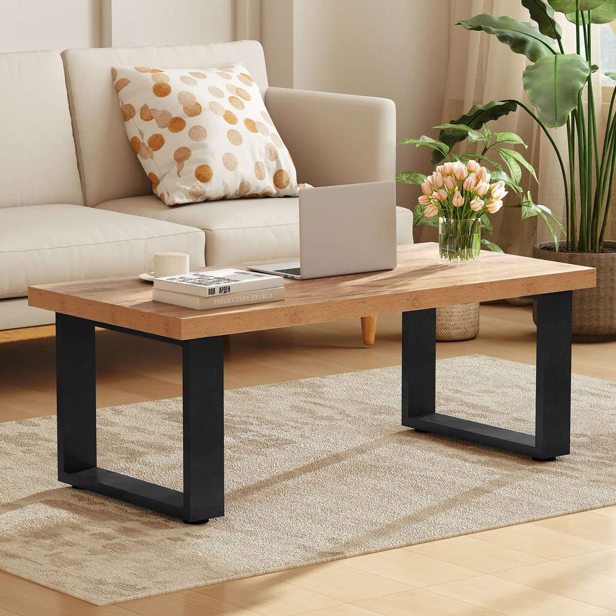 47 inch Farmhouse Style Rustic Coffee Table with Thickened Tabletop and Natural Wood Texture-Oak view 2
