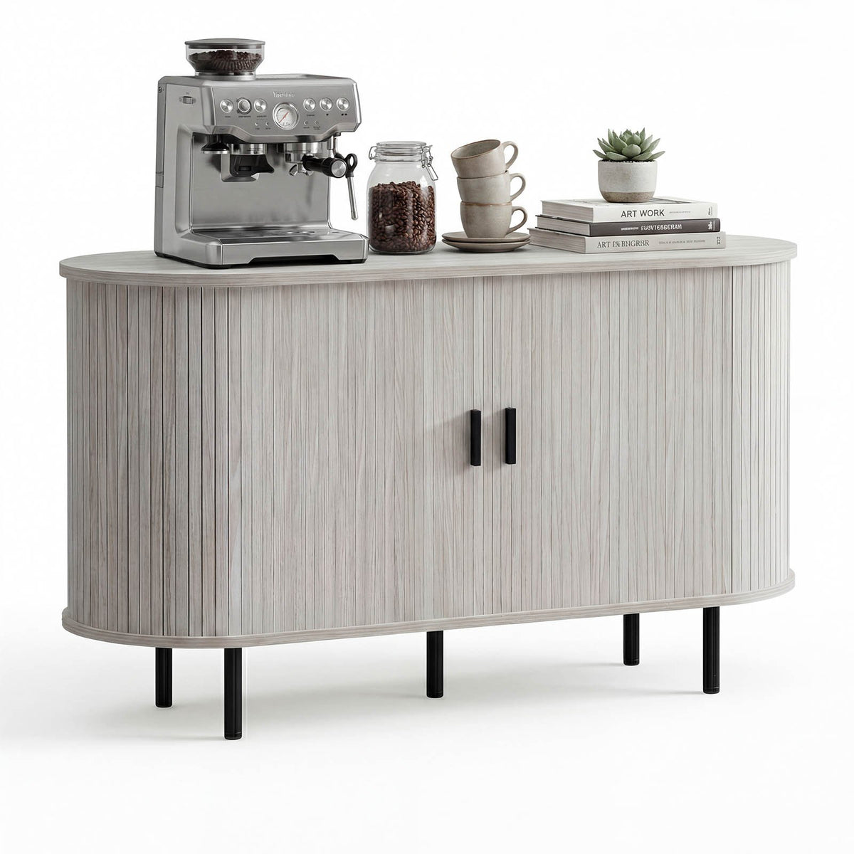 47 Inch Fluted Sideboard Buffet Cabinet with Tambour Sliding Doors and Metal Legs-Grey