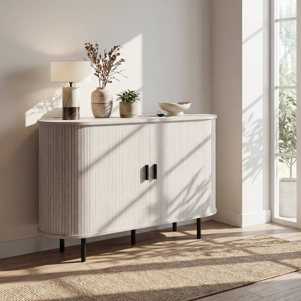 47 Inch Fluted Sideboard Buffet Cabinet with Tambour Sliding Doors and Metal Legs-Grey view 2