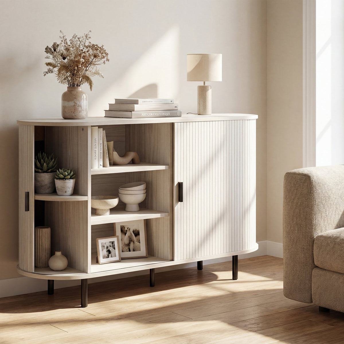 47 Inch Fluted Sideboard Buffet Cabinet with Tambour Sliding Doors and Metal Legs-Grey view 3
