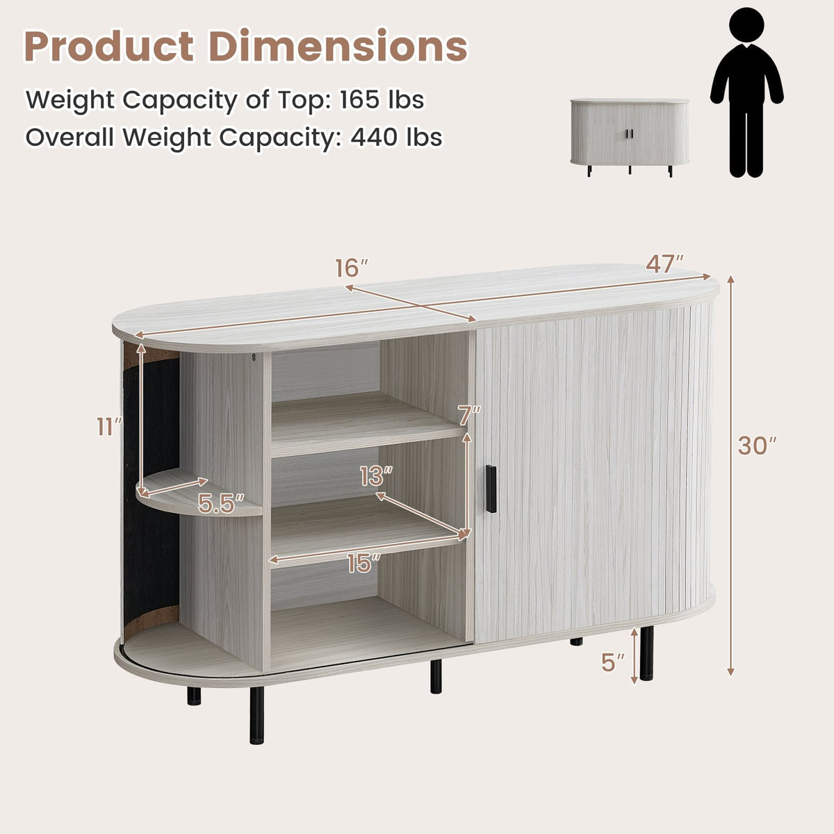 47 Inch Fluted Sideboard Buffet Cabinet with Tambour Sliding Doors and Metal Legs-Grey view 4