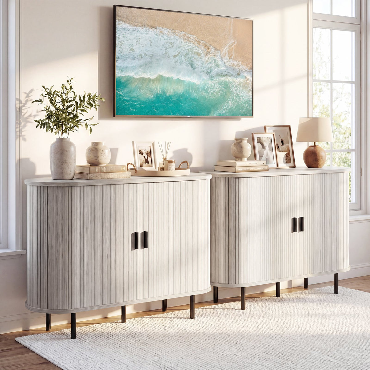 47 Inch Fluted Sideboard Buffet Cabinet with Tambour Sliding Doors and Metal Legs-Grey view 6