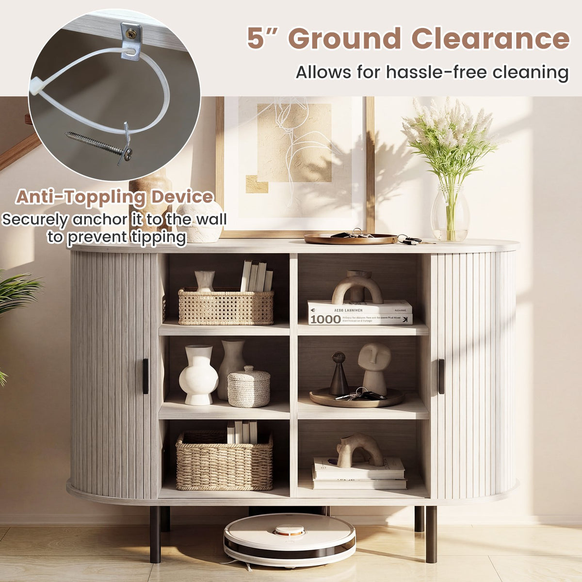 47 Inch Fluted Sideboard Buffet Cabinet with Tambour Sliding Doors and Metal Legs-Grey view 9