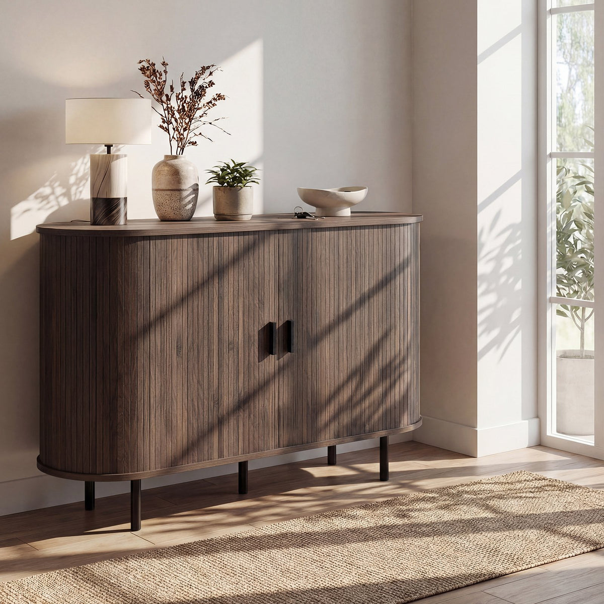 47 Inch Fluted Sideboard Buffet Cabinet with Tambour Sliding Doors and Metal Legs-Walnut view 2