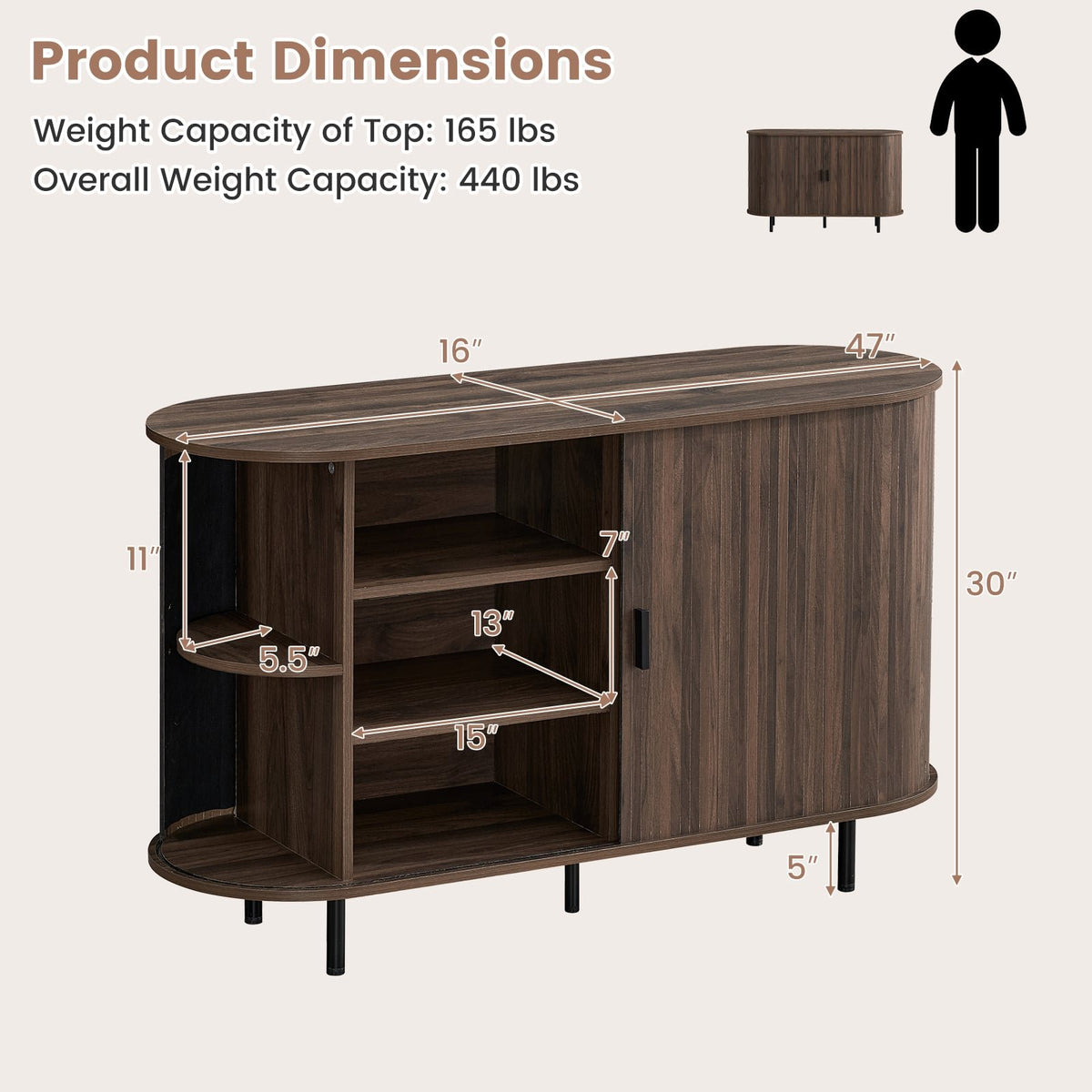 47 Inch Fluted Sideboard Buffet Cabinet with Tambour Sliding Doors and Metal Legs-Walnut view 4