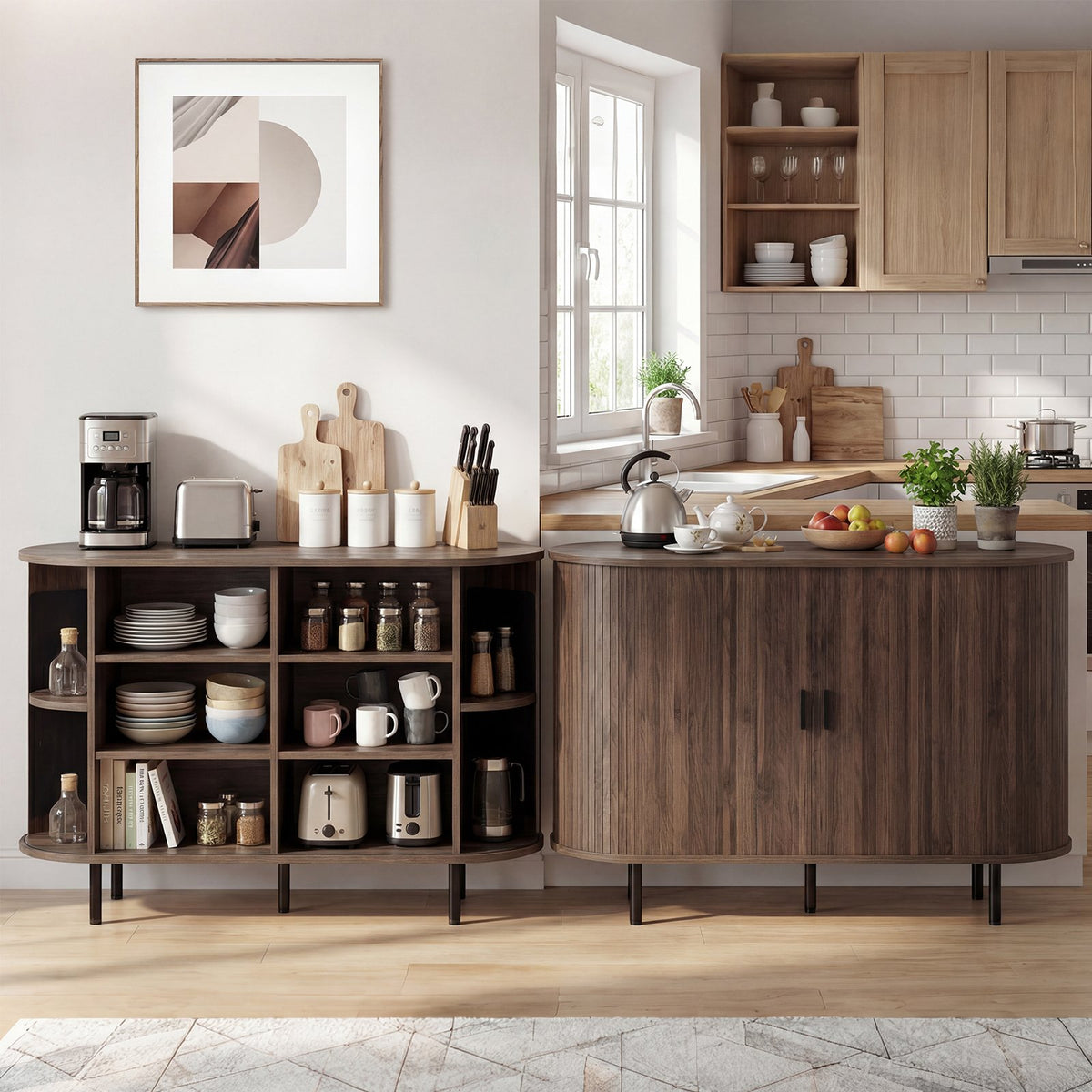 47 Inch Fluted Sideboard Buffet Cabinet with Tambour Sliding Doors and Metal Legs-Walnut view 6