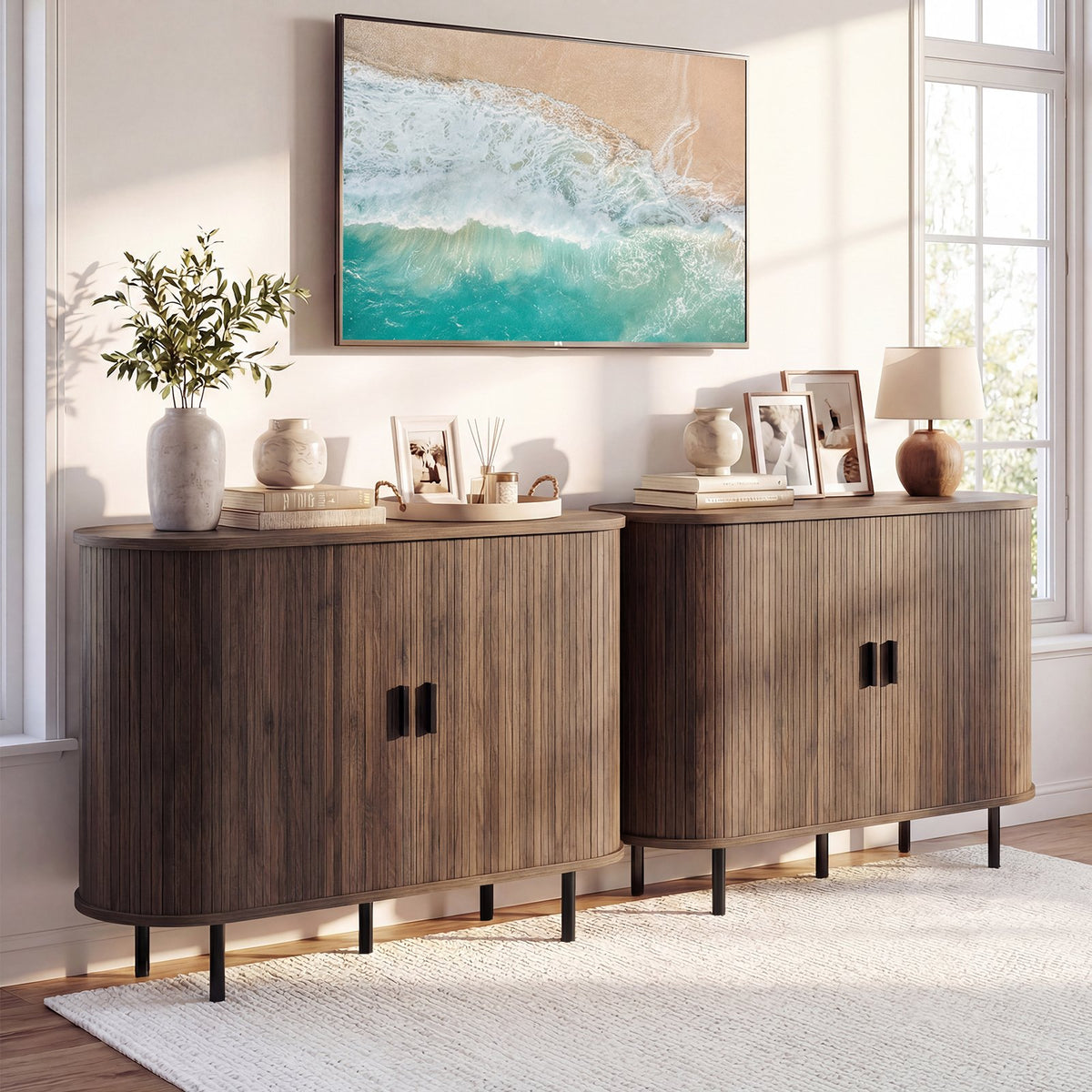 47 Inch Fluted Sideboard Buffet Cabinet with Tambour Sliding Doors and Metal Legs-Walnut view 7
