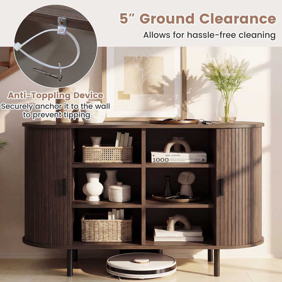 47 Inch Fluted Sideboard Buffet Cabinet with Tambour Sliding Doors and Metal Legs-Walnut view 9