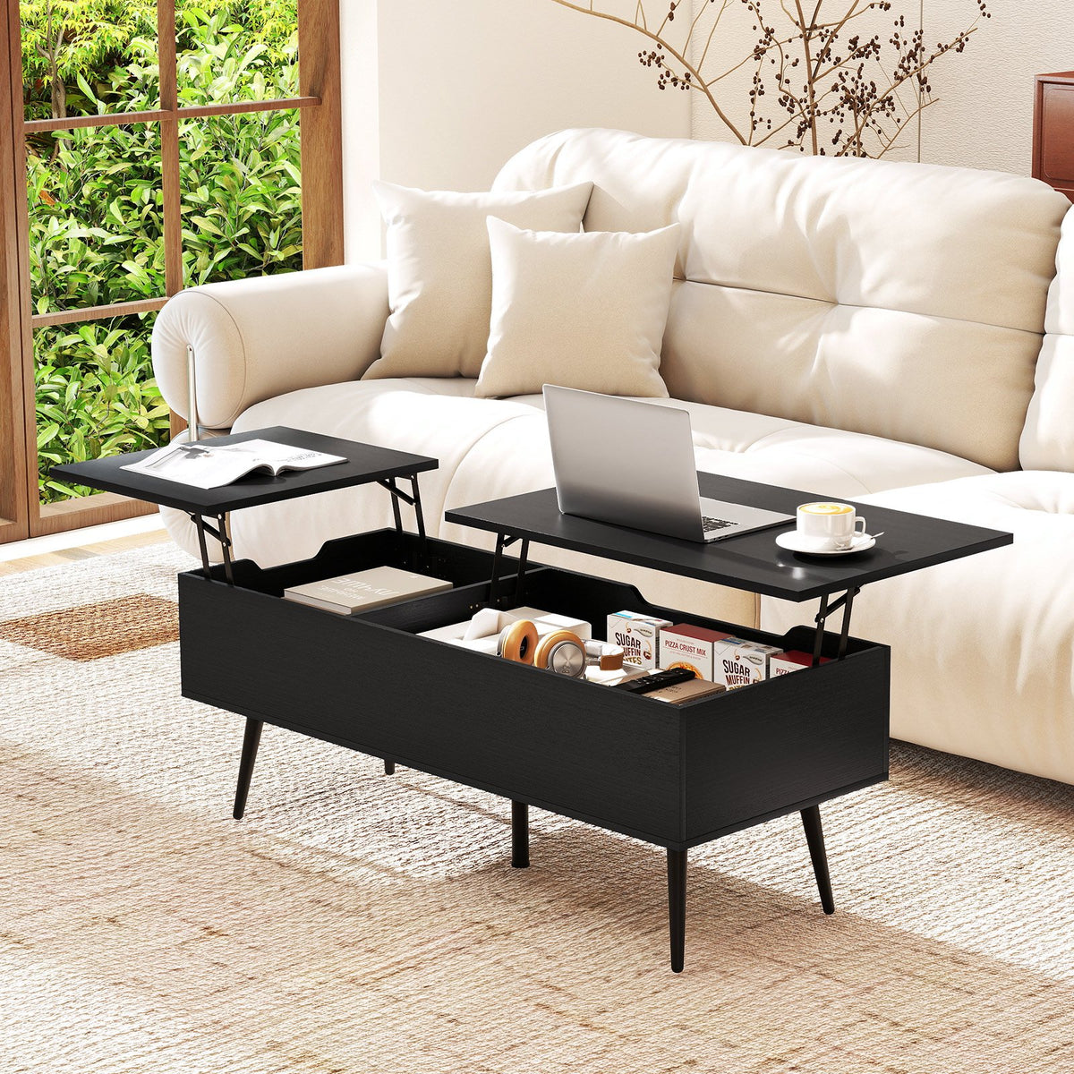 47 Inch Lift Top Coffee Table with 2 Hidden Compartments-Black view 2